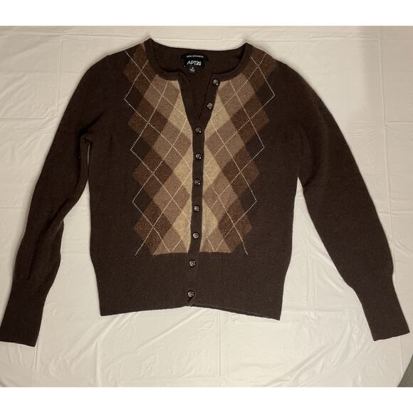 Apt 9 Cardigan Womens Medium Chocolate 100% Cashmere Sweater Argyle Ladies - Picture 1 of 9